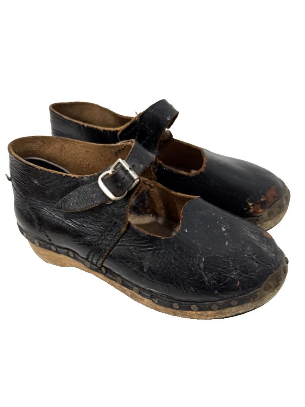 Antique Victorian Handmade Black Leather Wood Mary Jane Child Clogs Shoes Size 8
